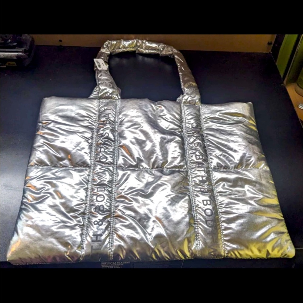 Bed Bath & body Silver Quilted Tote Bag with Futuristic Design